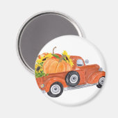 さびたオレンジ色のヴィンテージピックアップトラックとカボチャ マグネット (正面/裏面)