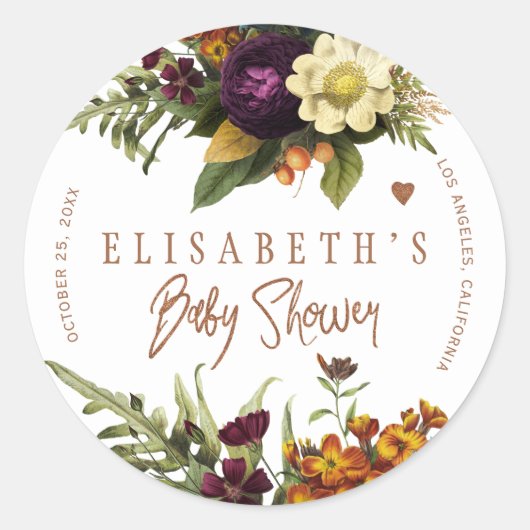 さびたオレンジ色の秋の秋フローラ銅ベビーシャワー ラウンドシール (正面)