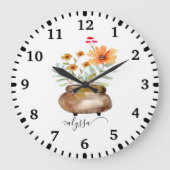 さびたピンクのバラの花トレンディースクリプト名 ラージ壁時計 (正面)