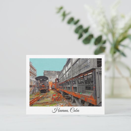 さびた古機関車と車両ワゴンはがき ポストカード (スタンド正面)