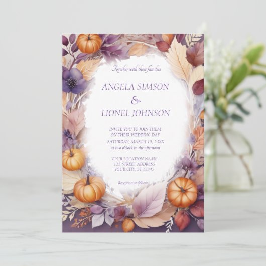 さびエレガントかぼちゃ紫色の花結婚の 招待状 (スタンド正面)