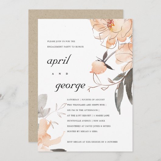 さびオレンジ水彩フローラ婚約招待状 サンキューカード (正面/裏面)