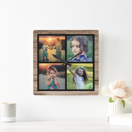 さび木の家族4枚の写真コラージュ スクエア壁時計 (ホーム)
