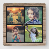 さび木の家族4枚の写真コラージュ スクエア壁時計 (正面)