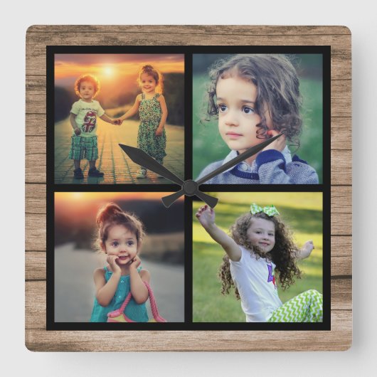 さび木の家族4枚の写真コラージュ スクエア壁時計 (正面)