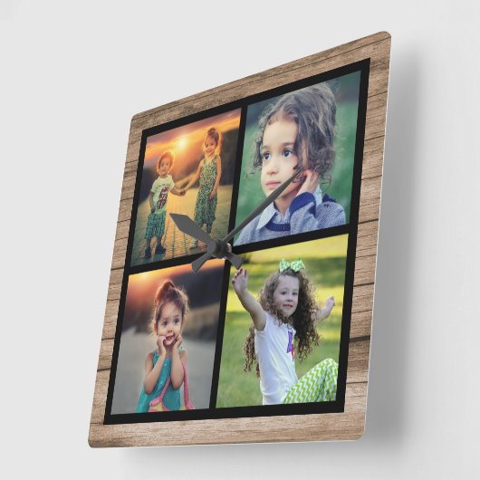 さび木の家族4枚の写真コラージュ スクエア壁時計 (傾斜)