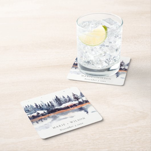 さび海軍冬松の森の雪結婚の スクエアペーパーコースター (インサイチュ)