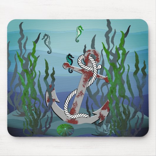 さび航海の色の灰色いかり/海藻/貝殻/海馬 マウスパッド (正面)