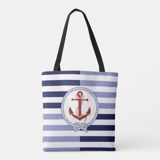 さび航海の赤い船いかり、ネイビーブルーストライプー トートバッグ (裏面)
