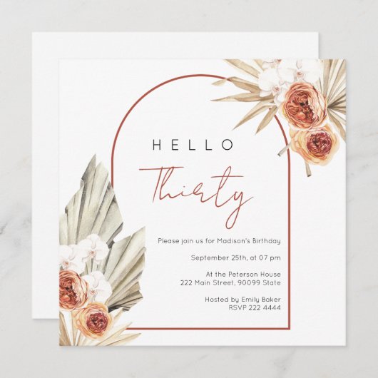 さび赤フラワーズ誕生日招待状 招待状 (正面/裏面)