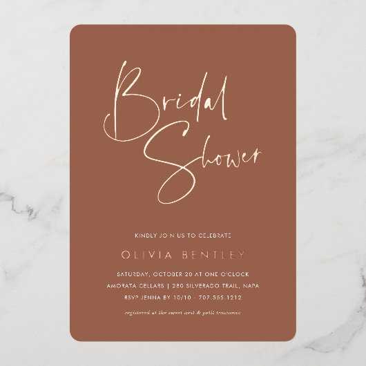 さび |ミニマルモダンリストスクリプトブライダルシャワー 箔招待状 (正面)