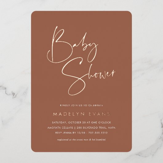 さび |ミニマルモダンリストスクリプト赤ちゃんシャワー 箔招待状 (正面)