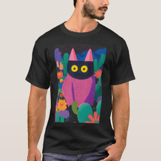 さまざまなサボテンの間に隠れカラフルている猫 Tシャツ