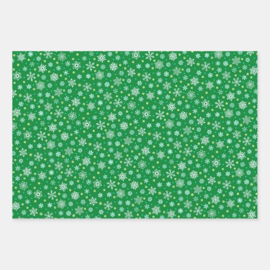さまざまなスノーフレークの形が青いピンクの緑エレガント ラッピングペーパーシート (正面3)