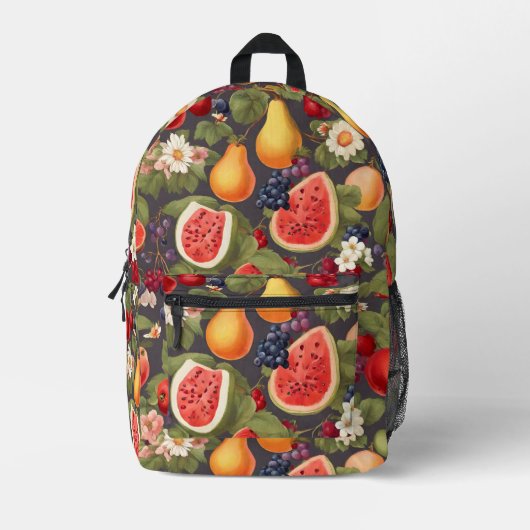 さまざまな果物、たっぷり離れの花、素晴らしい花 プリントバックパック (正面)
