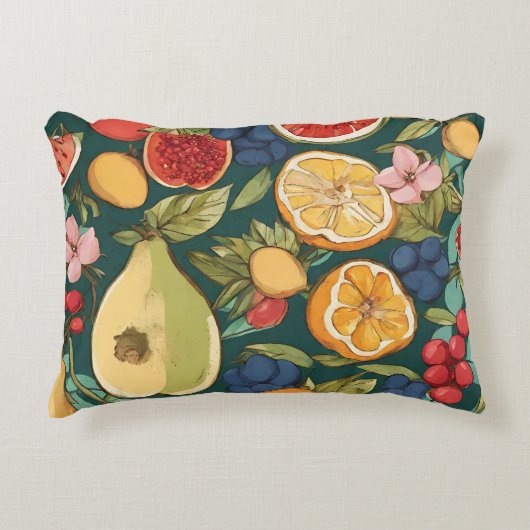 さまざまな柑橘類の果実、ブドウや花。ペチン アクセントクッション (正面)
