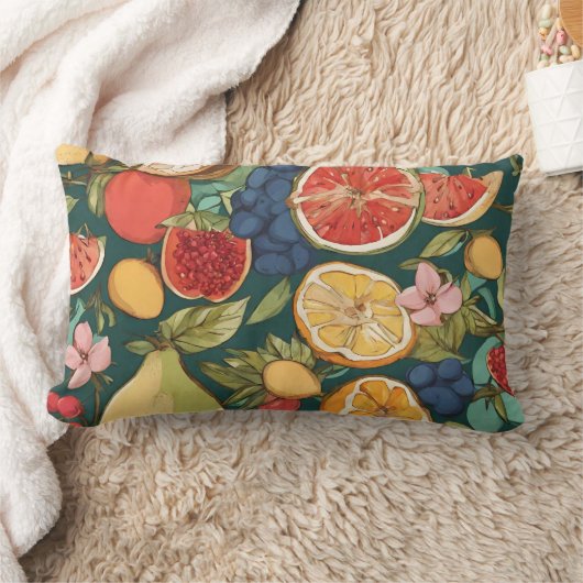 さまざまな柑橘類の果実、ブドウや花。ペチン ランバークッション (ブランケット)
