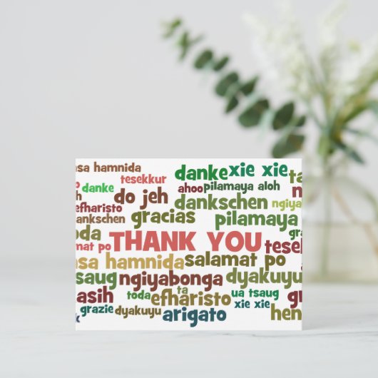 さまざまな言語でお礼を言う複数の方法 ポストカード (スタンド正面)