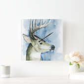 さまよう雄鹿-水彩画 スクエア壁時計 (ホーム)