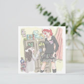 さむさにじ 部屋の棚の前で、向き合って口論をする身長差のあるふたりの女性のイラスト カード (スタンド正面)