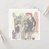 さむさにじ 部屋の棚の前で、向き合って口論をする身長差のあるふたりの女性のイラスト カード (正面/裏面インサイチュ)