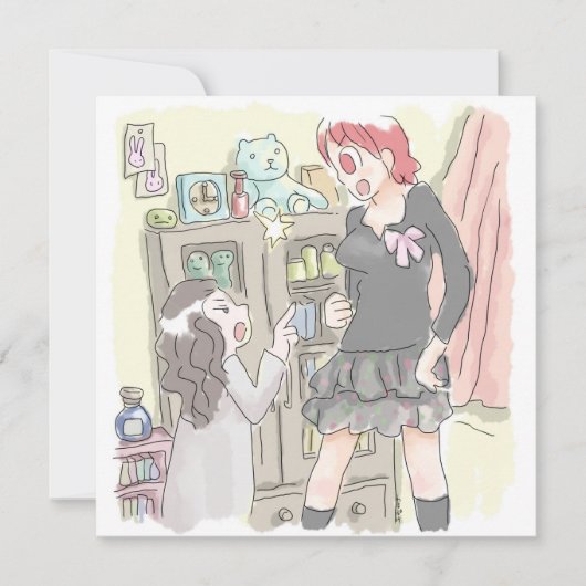 さむさにじ 部屋の棚の前で、向き合って口論をする身長差のあるふたりの女性のイラスト カード (正面)