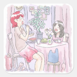 さむさむじ ピンク色のテーブルで向き合って食事をする不機嫌な二人の女性のイラスト スクエアシール