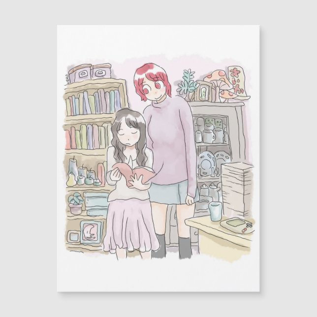 さむにくじ　本棚のある部屋で立って並んで本のページをめくる二人の女性のイラスト (正面)