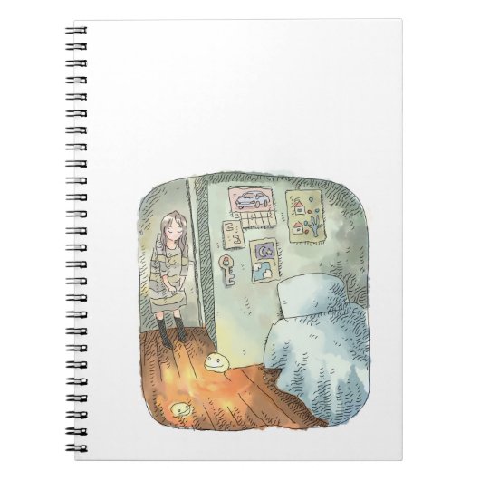 さやいしじ 水色の壁、橙色の床のお部屋で隅っこに立っている女性のイラスト ノートブック (正面)