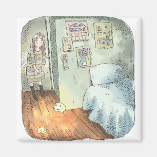 さやいしじ 水色の壁、橙色の床のお部屋で隅っこに立っている女性のイラスト マグネット