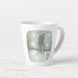 さやいれじ 明るい日差しの差し込む小さなひし形の窓のある水色のお部屋の壁際にたたずむ女性のイラスト カフェラテマグ