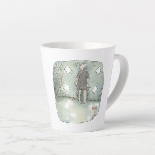 さやいれじ　明るい日差しの差し込む小さなひし形の窓のある水色のお部屋の壁際にたたずむ女性のイラスト カフェラテマグ (右アングル)
