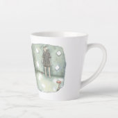 さやいれじ　明るい日差しの差し込む小さなひし形の窓のある水色のお部屋の壁際にたたずむ女性のイラスト カフェラテマグ (右)