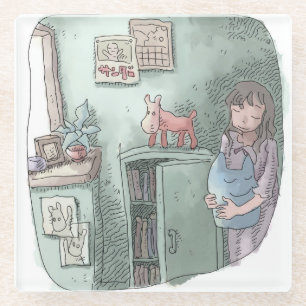 さやさくじ 水色のお部屋の隅の暗がりでぬいぐるみを持って目を閉じる女性のイラスト ガラスコースター