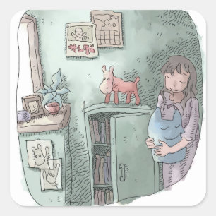 さやさくじ 水色のお部屋の隅の暗がりでぬいぐるみを持って目を閉じる女性のイラスト スクエアシール