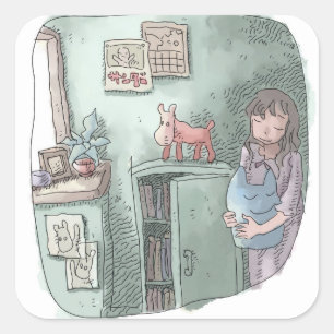さやさくじ 水色のお部屋の隅の暗がりでぬいぐるみを持って目を閉じる女性のイラスト スクエアシール