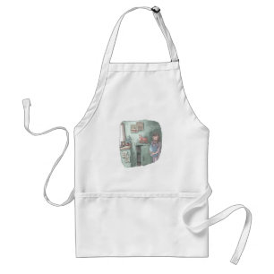 さやさくじ 水色のお部屋の隅の暗がりでぬいぐるみを持って目を閉じる女性のイラスト スタンダードエプロン