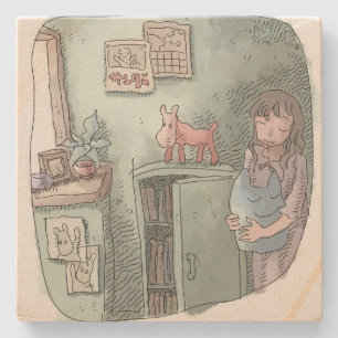 さやさくじ 水色のお部屋の隅の暗がりでぬいぐるみを持って目を閉じる女性のイラスト ストーンコースター