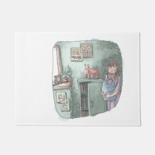 さやさくじ　水色のお部屋の隅の暗がりでぬいぐるみを持って目を閉じる女性のイラスト ドアマット