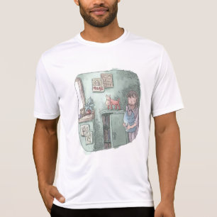 さやさくじ 水色のお部屋の隅の暗がりでぬいぐるみを持って目を閉じる女性のイラスト Tシャツ