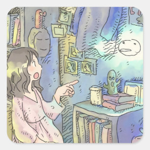 さやさにじ 薄暗いお部屋で青白い光を放つ何かを指さす女性のイラスト スクエアシール