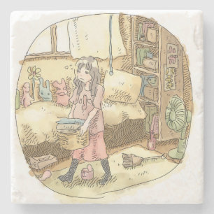 さやしいじ　黄色いお部屋で、眠そうな眼差しで洗濯物の入った籠を運んでうろうろする女性のイラスト ストーンコースター