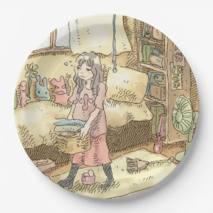 さやしいじ　黄色いお部屋で、眠そうな眼差しで洗濯物の入った籠を運んでうろうろする女性のイラスト ペーパープレート