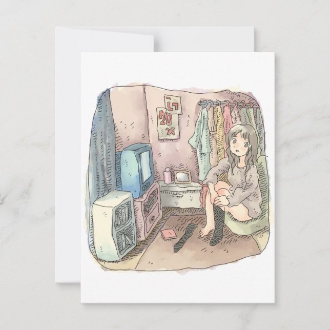 さやしくじ　衣類のかけてある部屋の座椅子に座ってテレビを見ながら靴下をはいている女性のイラスト (正面)