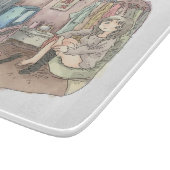 さやしくじ　衣類のかけてある部屋の座椅子に座ってテレビを見ながら靴下をはいている女性のイラスト カッティングボード (角)