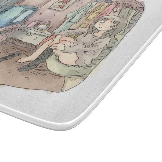 さやしくじ　衣類のかけてある部屋の座椅子に座ってテレビを見ながら靴下をはいている女性のイラスト カッティングボード (角)