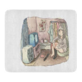 さやしくじ　衣類のかけてある部屋の座椅子に座ってテレビを見ながら靴下をはいている女性のイラスト カッティングボード (正面)