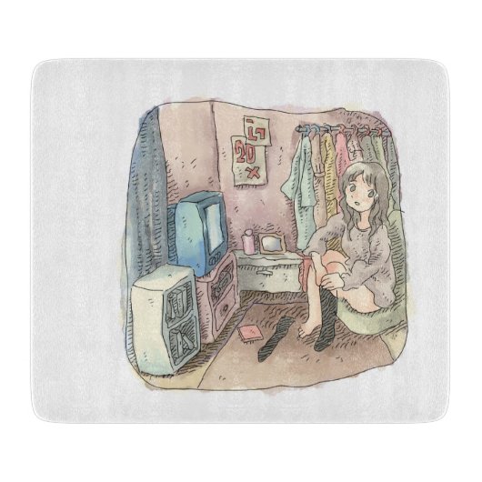 さやしくじ　衣類のかけてある部屋の座椅子に座ってテレビを見ながら靴下をはいている女性のイラスト カッティングボード (正面)