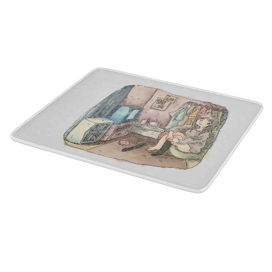 さやしくじ　衣類のかけてある部屋の座椅子に座ってテレビを見ながら靴下をはいている女性のイラスト カッティングボード (角)