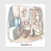 さやしくじ 衣類のかけてある部屋の座椅子に座ってテレビを見ながら靴下をはいている女性のイラスト シール (シート)